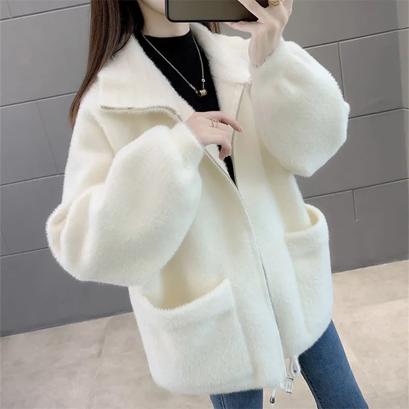 2024 Autumn Winter Thick Faux Mink Cashmere Woolen Coat Women Loose Short Outwear Korean Big Pocket Zipper Woolen Jacket Female