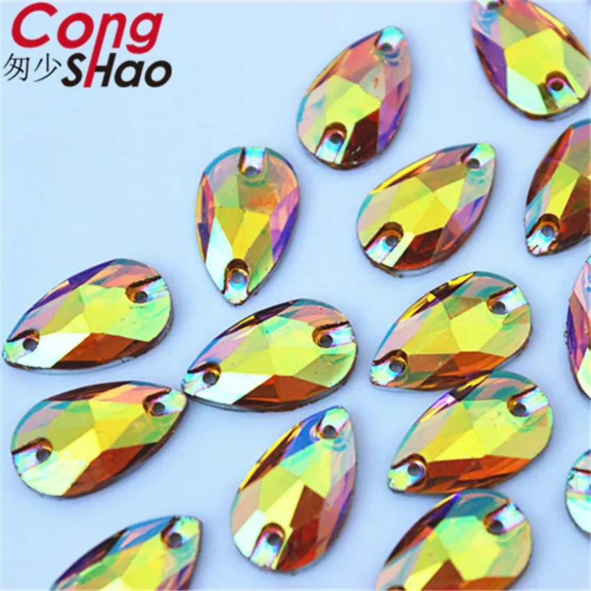 Cong Shao 100pcs 10*18mm Drop Shape Black Crystals AB Rhinestone Flatback Sewing 2 Hole Stones Resin For DIY Wedding Dress WC415