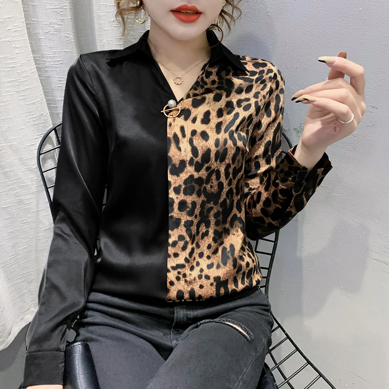 Fashion patchwork ladies shirts France style leopard print Women\'s Blouses 2021 Casual long sleeve slim Tops Blusas Mujer