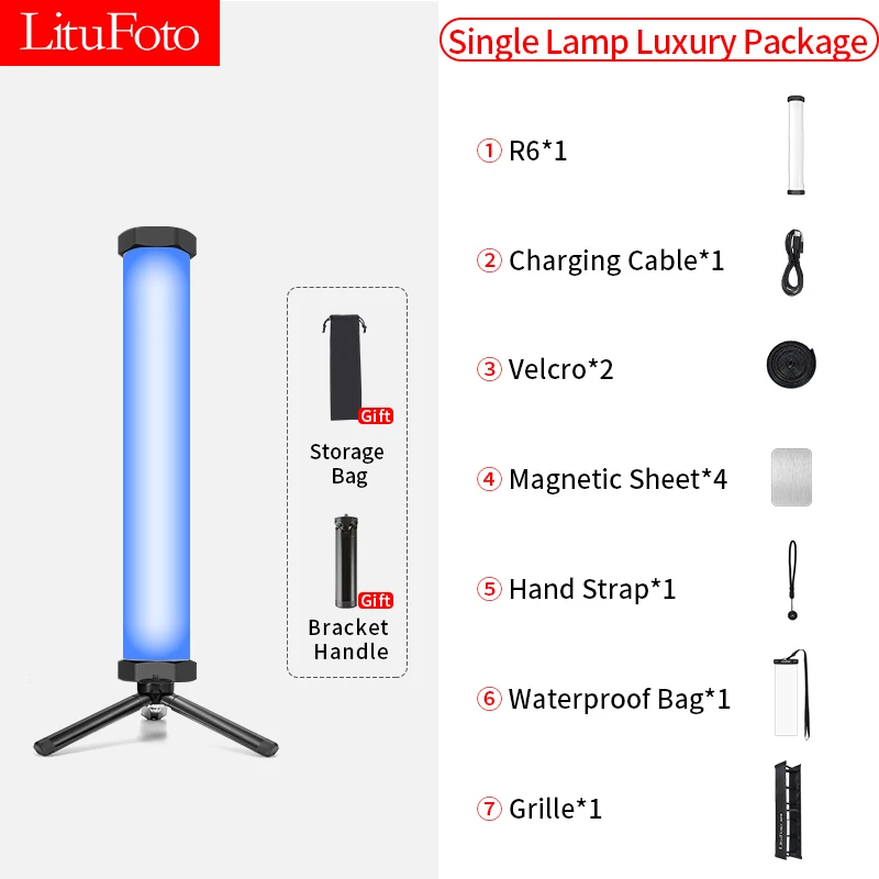 LituFoto Mini Portable R6 Full Color RGB LED Fill Lamp Type-C 10W 3200k-7500k ,Outdoor Photography Flash Lights Stick Luxury Set