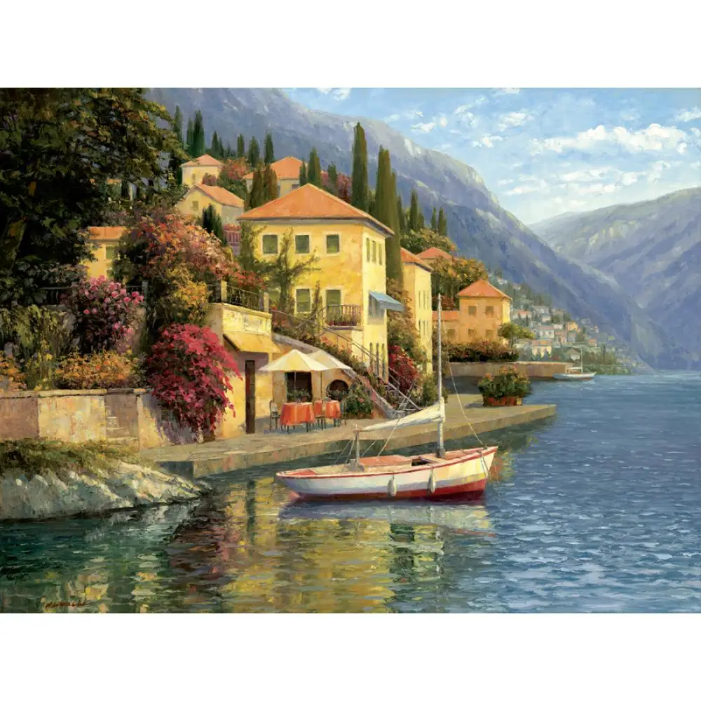 Beautiful Canvas Wall Art Living Room Decor Handmade Oil Painting Mediterranean Landscape Village Lake Blossom Modern Artwork