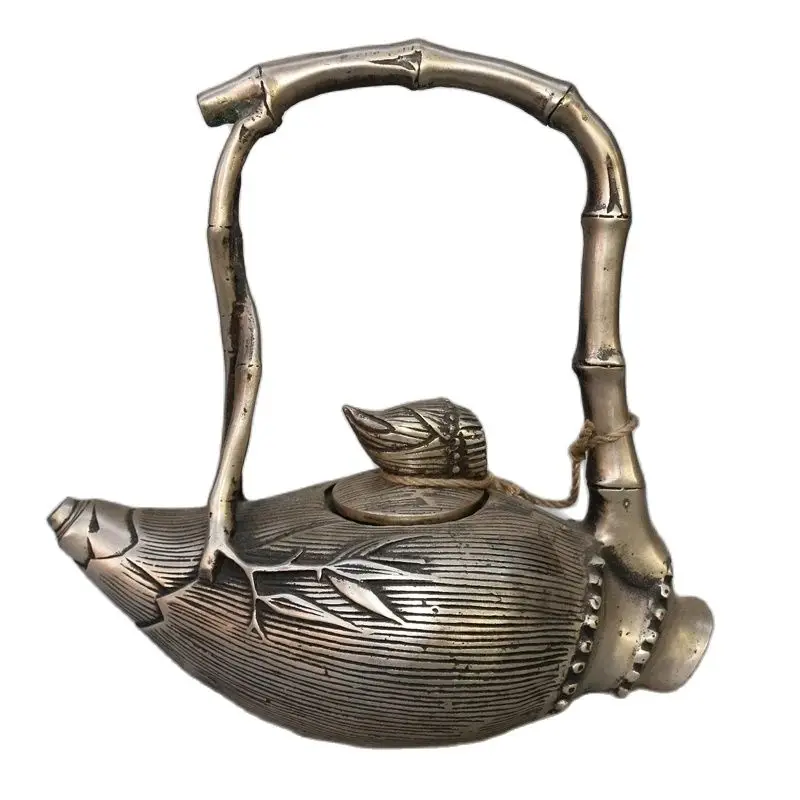 

China Tibet Old Vintage decoration miao Silver bamboo shape statue pot Teapot metal handicraft wine pot