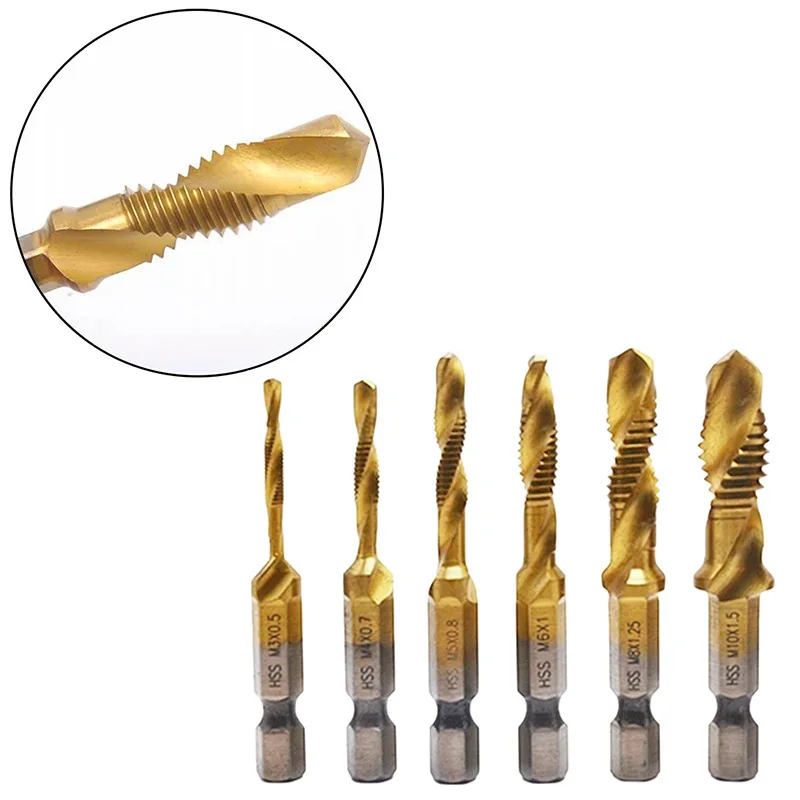 6Pcs Hex Shank Long/Short Silver Titanium Plated HSS Screw Thread Metric Tap Drill Bits Screw Machine Compound tap Hand Tools