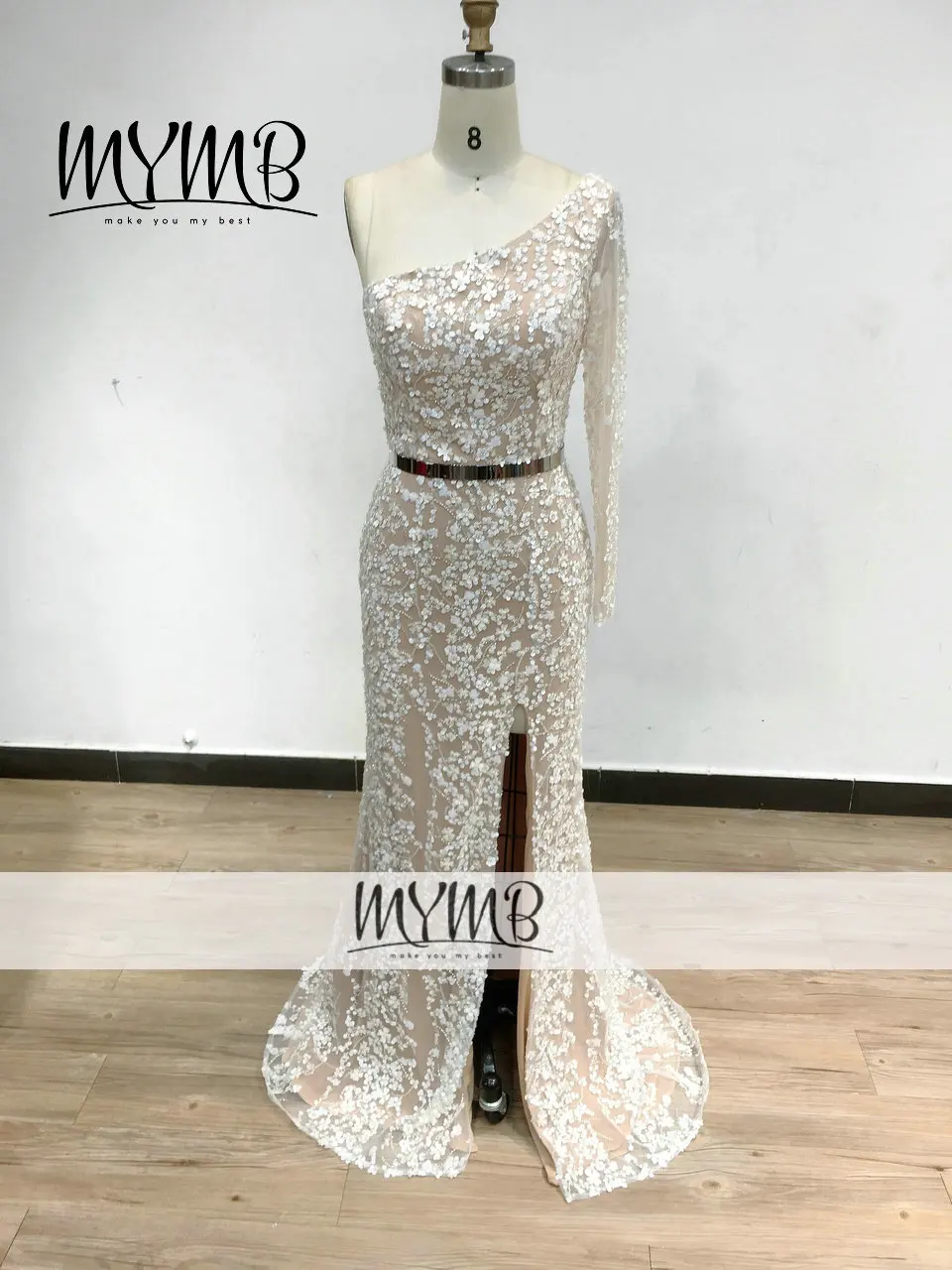 Mymb Haute Couture Lange Mouw Een Schouder Ingericht Avond Kanten Jurk Hoge Split Anniversary Jurk Voor Vrouwen Party MY91101