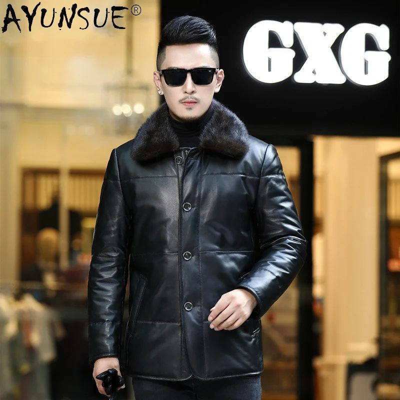 Sheepskin Genuine Leather Jacket Men Winter Men's Down Jackets Real Mink Fur Collar Coat Male Chaqueta Hombre LXR998