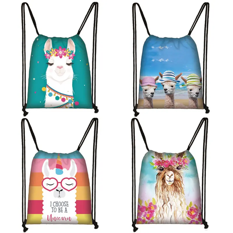 Funny Alpaca Drawstring Bag Softback Llama Backpack Women Travel Bags Boys Girls Canvas Storage Bag Kids Bookbag Shoes Holder