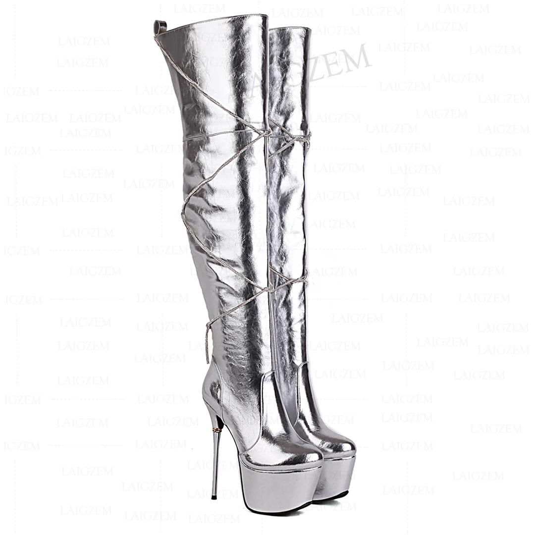 LAIGZEM Women Over Knee Boots Side Zio Round Toe Platform Metal Thin Heels Boots Party Ladies Female Shoes Woman Big Size 41 43