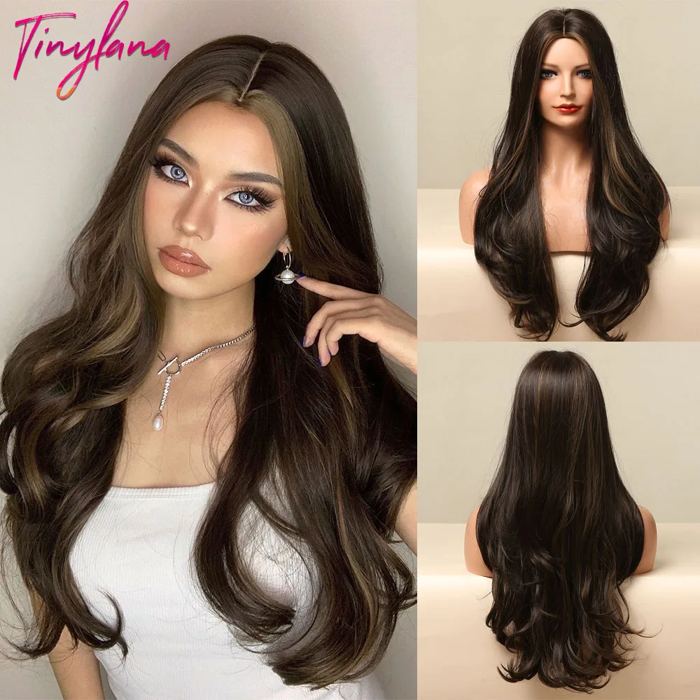 TINY LANA Synthetic Long Wavy Wig Ombre Brown Platinum Blonde Middle Part Wigs for Women Body Wave Heat Resistant Natural Hair