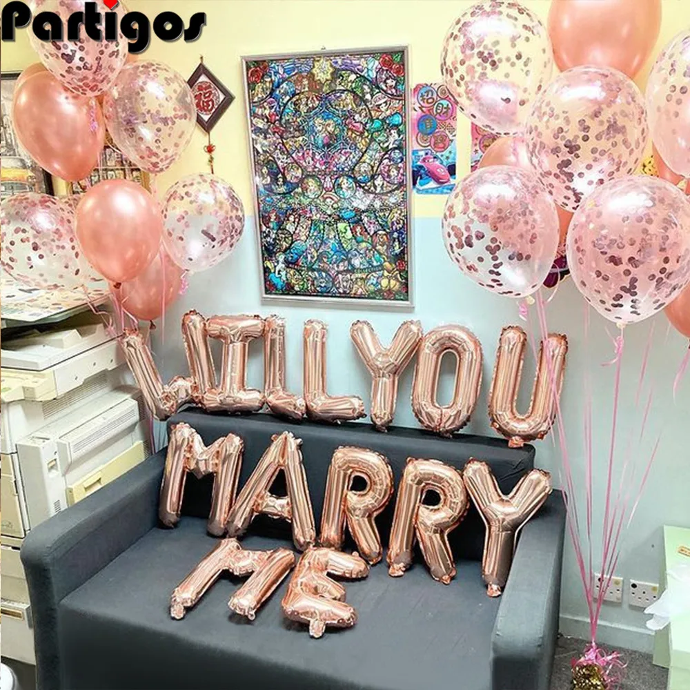 1set 16inch Rose Gold Will You Marry Me Foil Balloons 18 inch Heart Balloon for Weeding Birthday Party Bridal Shower Decorations