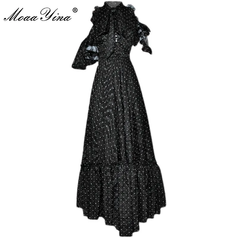 MoaaYina 2021 Fashion Designer Summer Black Dress Women's Sexy Off Shoulder Ruffles Elegant Polka dot Print Long Party Dress