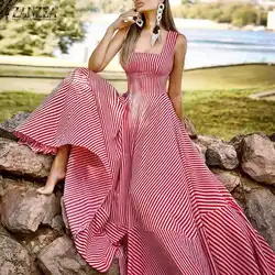 ZANZEA Holiday Long Maxi Dresses Womens France Elegant Tank Dress 2023 Summer Chic A Line Robe Party Striped Sleeveless Sundress