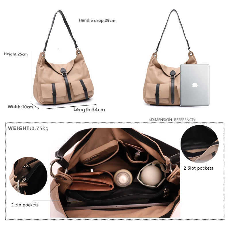 SC Fashion Women 100% Genuine Leather Hobo Handbag Multi Pockets Shoulder Bag Female Casual Cowhide Contrast Color Purse Satchel