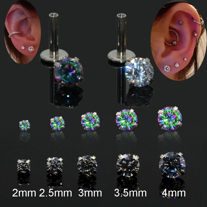 1Pcs 2-4mm Gem Solid Steel Tragus Cartilage Ear Stud Crystal Zircon Earrings Piercing Jewelry Cartilage Piercing Earrings Prong