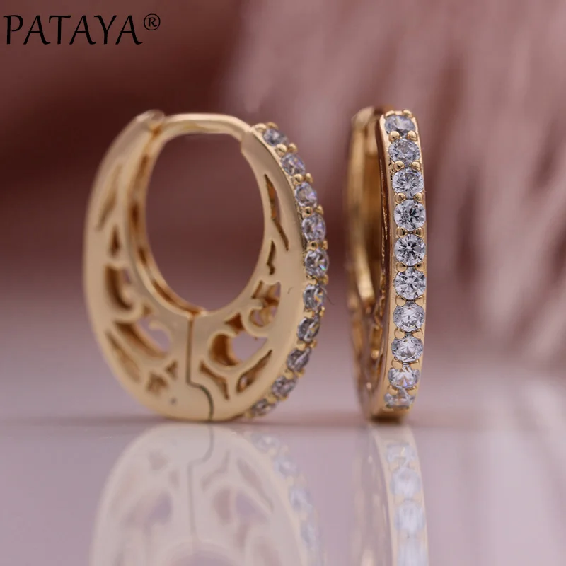 PATAYA New Hollow Circle Wedding Earrings 585 Rose Gold Color Natural Zircon Drop Earrings Women Party Fine Cute Fashion Jewelry