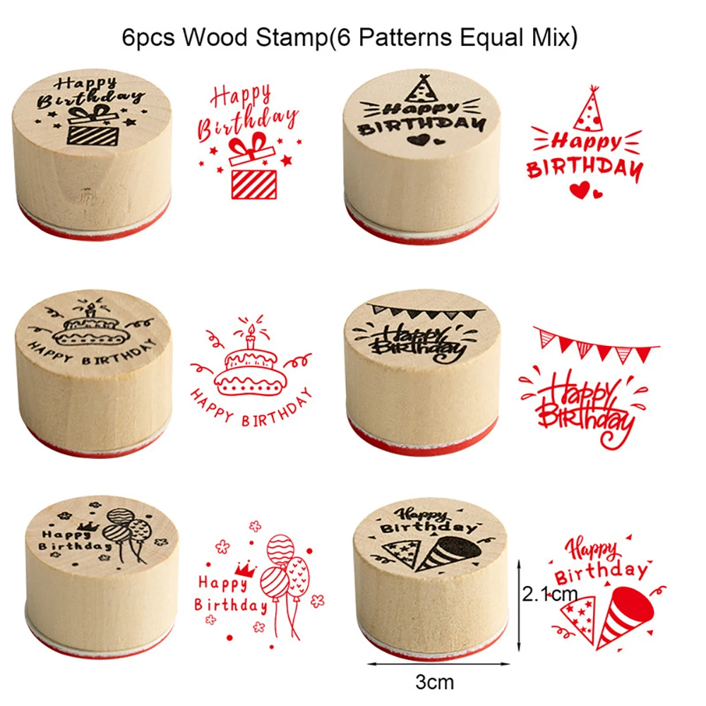 6Pcs Happy Birthday Wood Stamps DIY Scrapbooking Party Wooden Rubber Stamp Craft Supplies Handmade Wooden Stamp for Home Decor