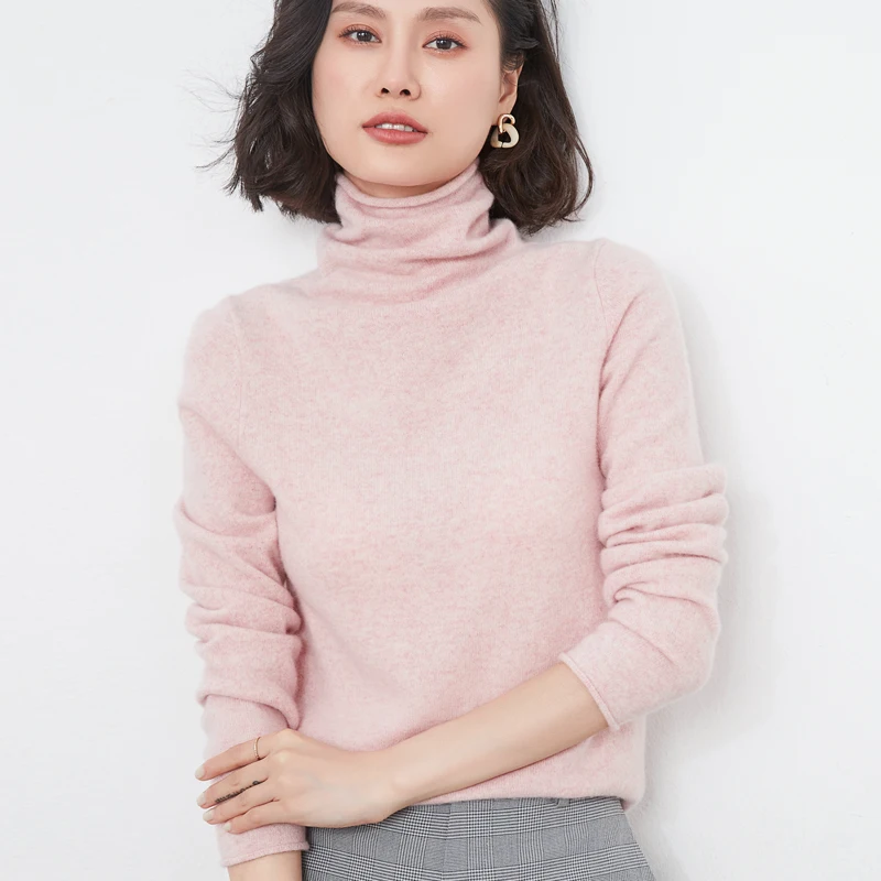 Autumn and Winter Sweater Women 100%Wool  Pullover  Slim Long-Sleeved Short Turtleneck high-Necked Cashmere Knitted Bottoming