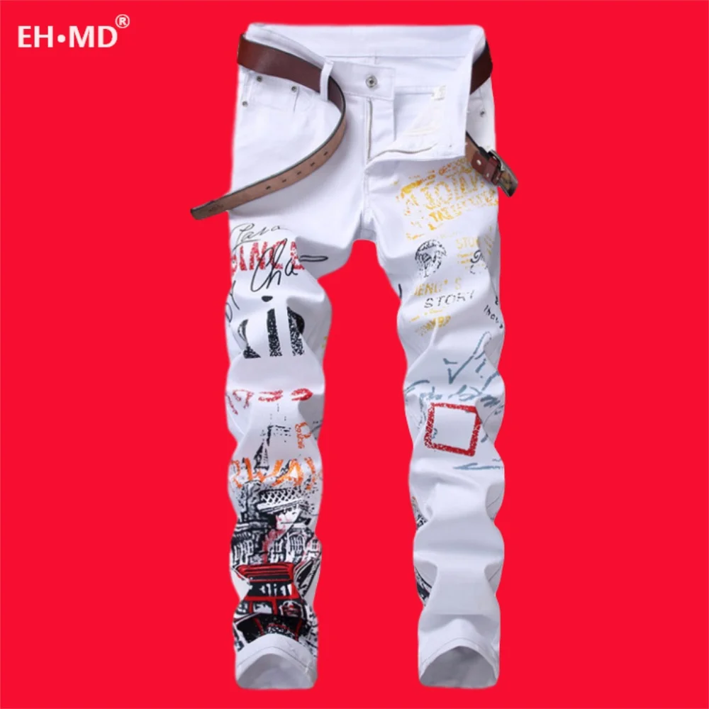 EH · MD® White Graffiti Jeans Men\'s Cartoon Print Night Scene Cotton High Street Zipper Trousers Slim 2020 Trend Color Art Words