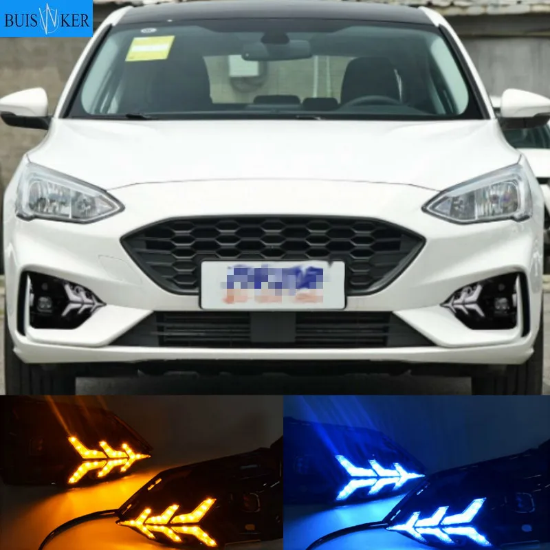 

2PCS For Ford Focus 2019 DRL Car LED Daytime Running Light fog lamp driving light with Turning Yellow Signal style Relay