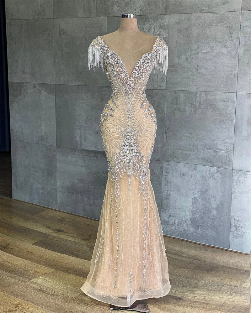 

Luxury Champagne Evening Dresses With Crystal Beads V Neck Cap Sleeve Mermaid Prom Gowns Formal Party Dress Floor Length Robes