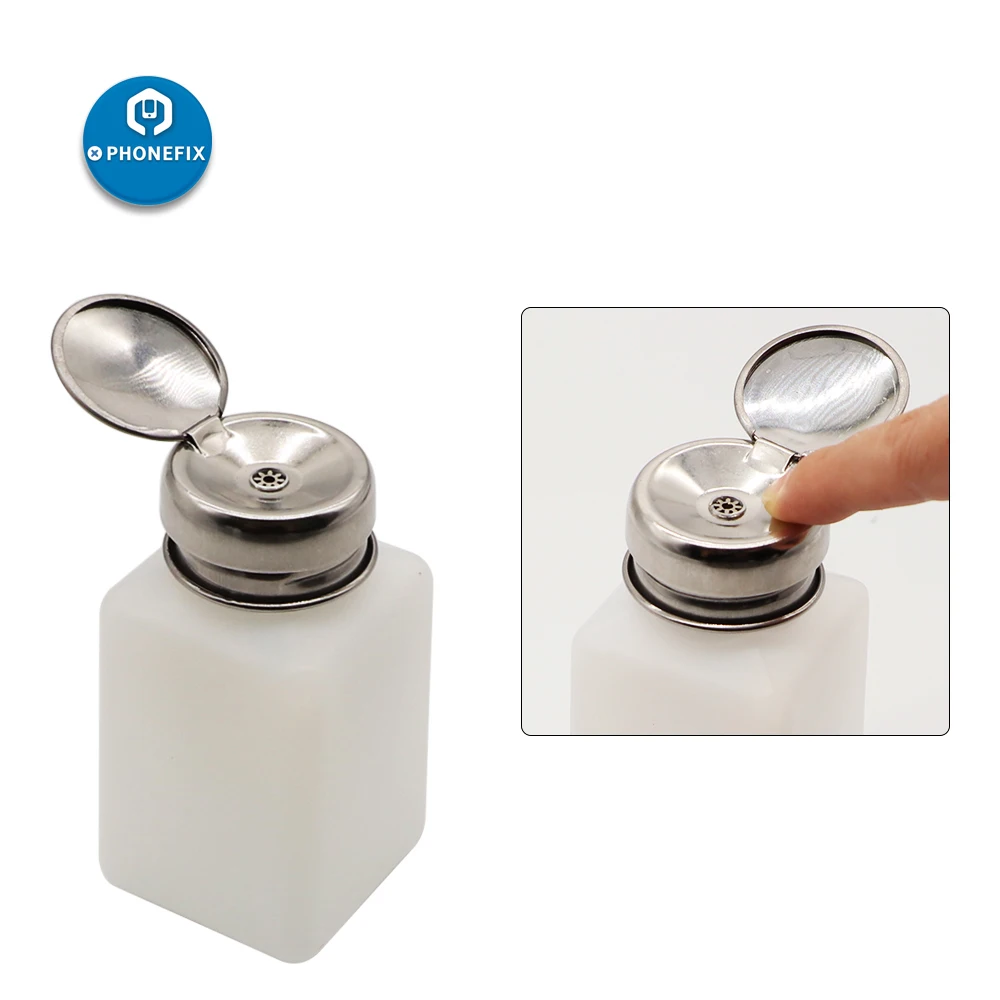 Bottiglia di alcol in plastica liquida antistatica pulita da 200 ml/250 ml con tappo di bottiglia in acciaio inossidabile per la riparazione di pulizia del telefono cellulare
