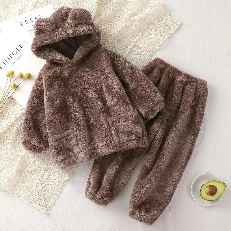 2023 Autumn Winter Baby Faux Fur Tracksuit 2pcs Children Boys Bear Hoodie+Trousers Pants Kids Loungewear Cute Girls Warm Outfit