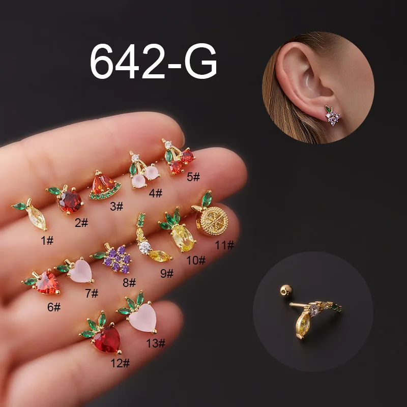 1PC 20G Cute Fruit Cartilage Earrings for Women Zircon Crystal Banana Apple Peach Small Stud Earrings Helix Ear Piercing Jewelry