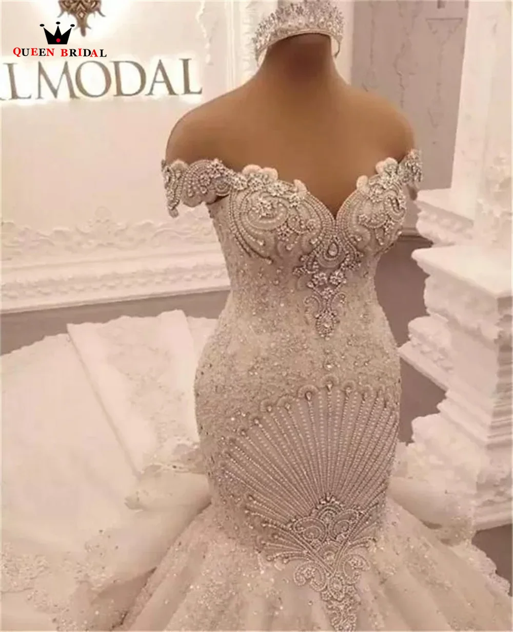 Luxury Wedding Dresses Mermaid Long Train Tulle Lace Beaded Crystal Diamond Sexy Formal Bride Gown Custom Made JY67M