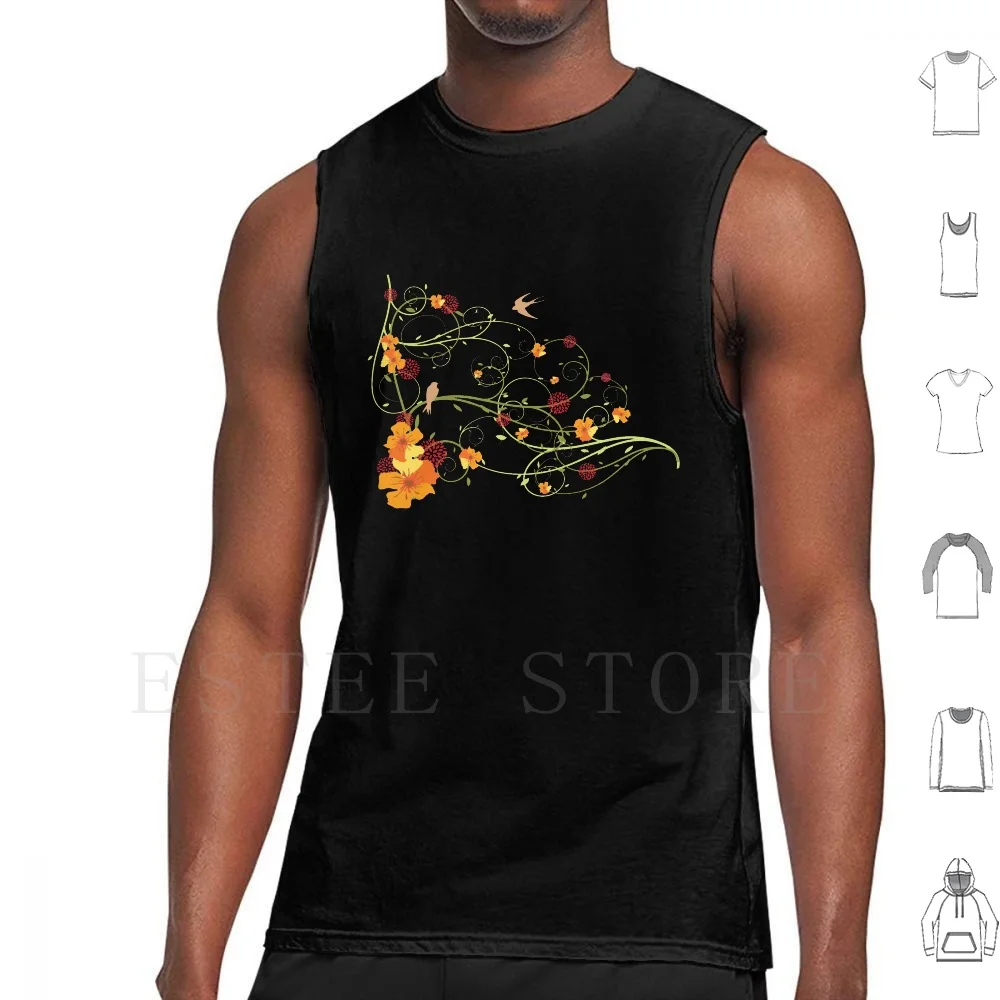 Yellow Summer Hibiscus Swirls And Swallow Birds Tank Tops Vest Cotton Fatfatin Hibiscus Swallows Birds Bird Floral Yellow