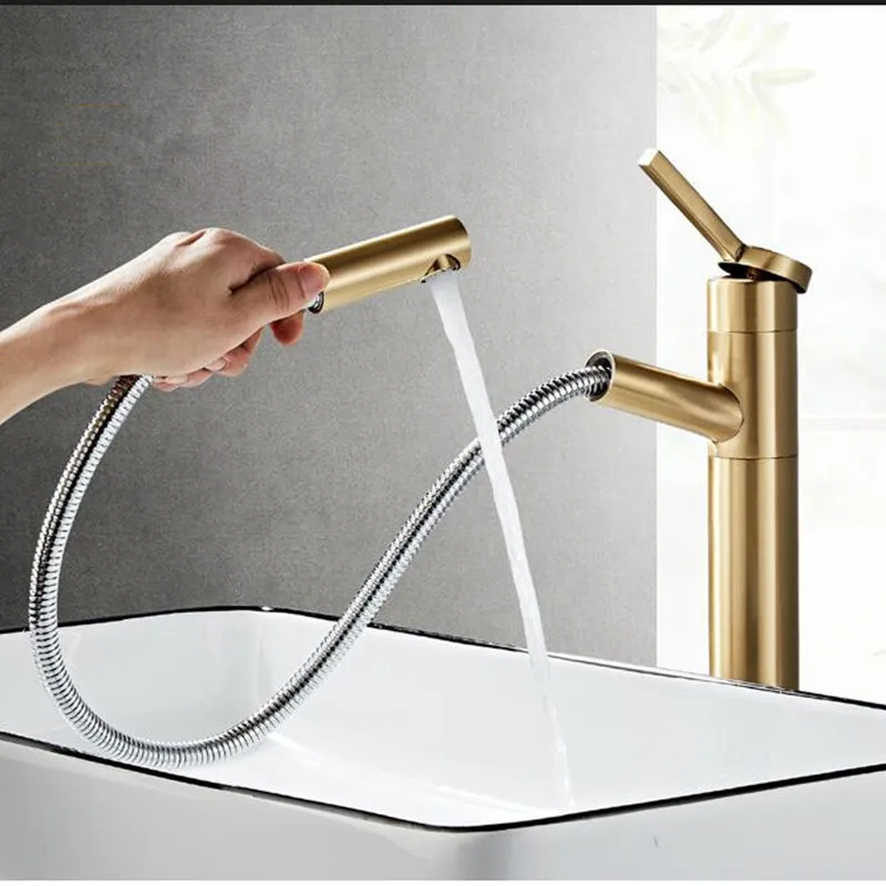 Basin Faucet Gold Brass single lever hot cold Pull Out wash hair basin faucet chome black Toilet Sink Faucet  Water Crane Mixer