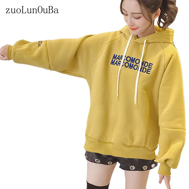 

Autumn Winter Women Sweatshirt Fashion Embroider Letter Stitching Long Sleeve Pullover Loose Fleece Hoodie Coat Yellow