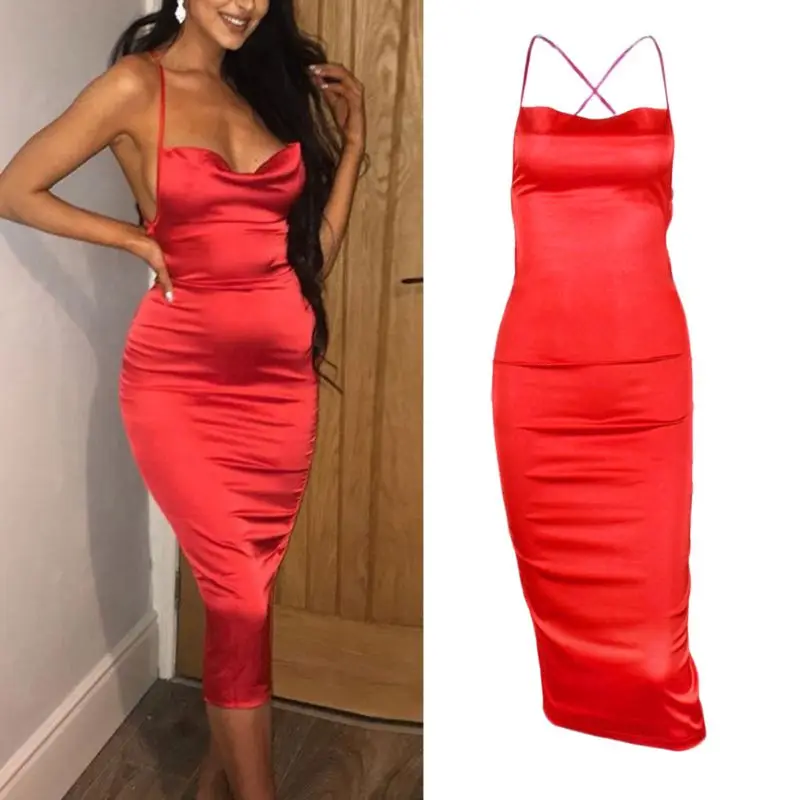 

Women Sexy Halter Bodycon Satin Midi Dress Cross Bandage Backless Party Clubwear A0NF