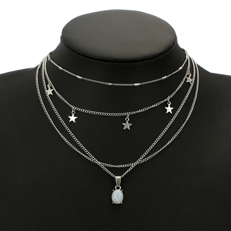 European And American Fashion Classic Beautiful Bohemian Simple Crystal Pentagram Geometric Oval Pendant Multilayer Necklace