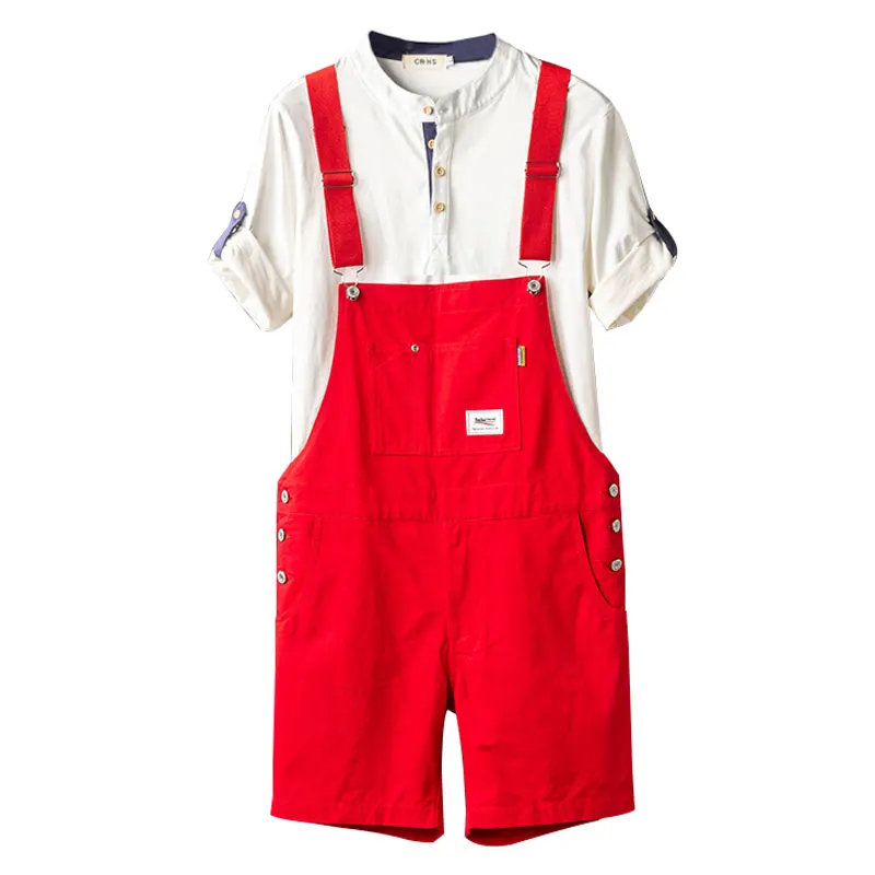 Summer Men Bib Shorts Overalls Jumpsuits Cotton Straight Loose Red Orange Yellow Khaki Hip Hop Male Solid Casual Pants Clothing