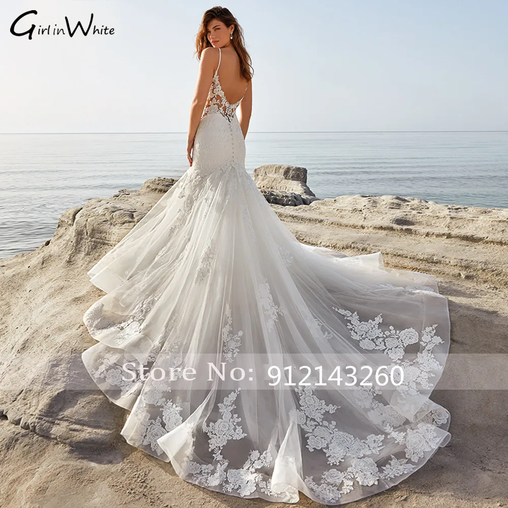 Sexy Illusion Waist Spaghetti Strap Lace Wedding Dress Mermaid customized Court Train Beach Wedding Bride Gown vestido de noiva