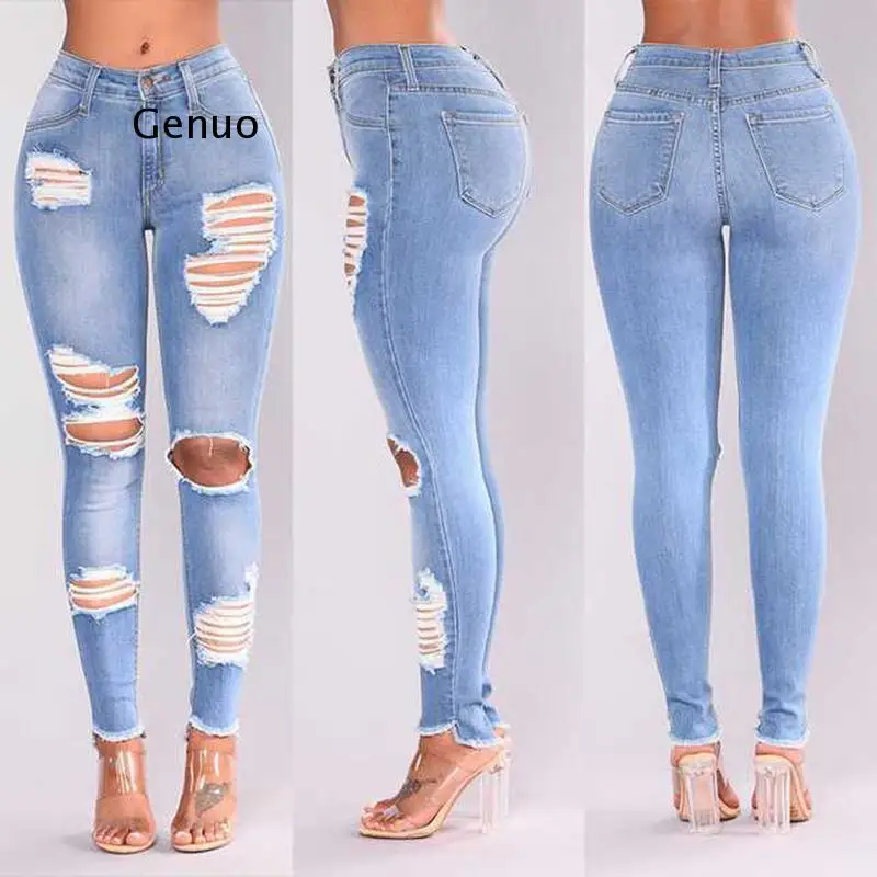 Fashion Women Slim Jeans Ripped Hole Sexy Gradient Long Jeans  Streetwear Denim Regular Pants Vintage Quality Lrregular Trousers