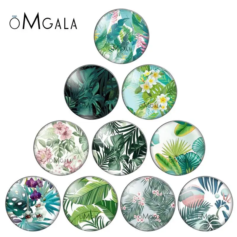 

OMGALA Tropical Green Plant Leaf Round Glass Cabochon & Glass Dome Beads Jewelry Findings For Earring Necklace Keychain 12-30mm