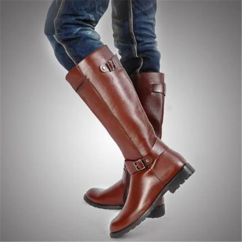 Plus Size 37-45 Spring Autumn Men Long Boots Vintage Black Male Motorcycle Boots Knee-High Punk Round Toe Cowboy Western Boots