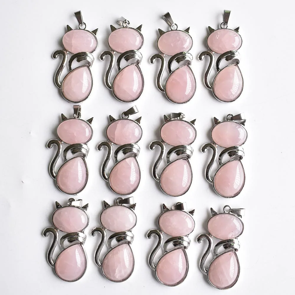 

Wholesale 12pcs/lot new Fashion good quality natural pink quartz stone cat shape pendants for jewelry making free shipping