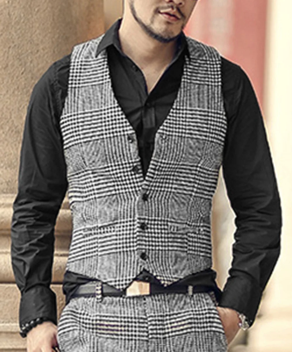 

Mens Vest Slim Fit Formal Houndstooth Tweed Wool Plaid Casual V Neck Business Wedding Groomsmen Grey/White Mens Waistcoat Vest