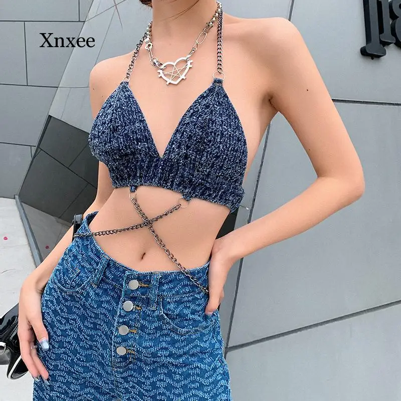 V Neck Halter Crop Tops Chain Spaghetti Strap Tanke Top Sexy Clubwear Sleeveless Solid Color Camisole Fashion Off Shoulder Camis