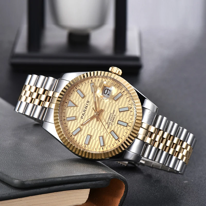 Parnis-Reloj de pulsera mecánico automático para hombre, cronógrafo con esfera verde, calendario, cristal de zafiro, Miyota 8215, novedad