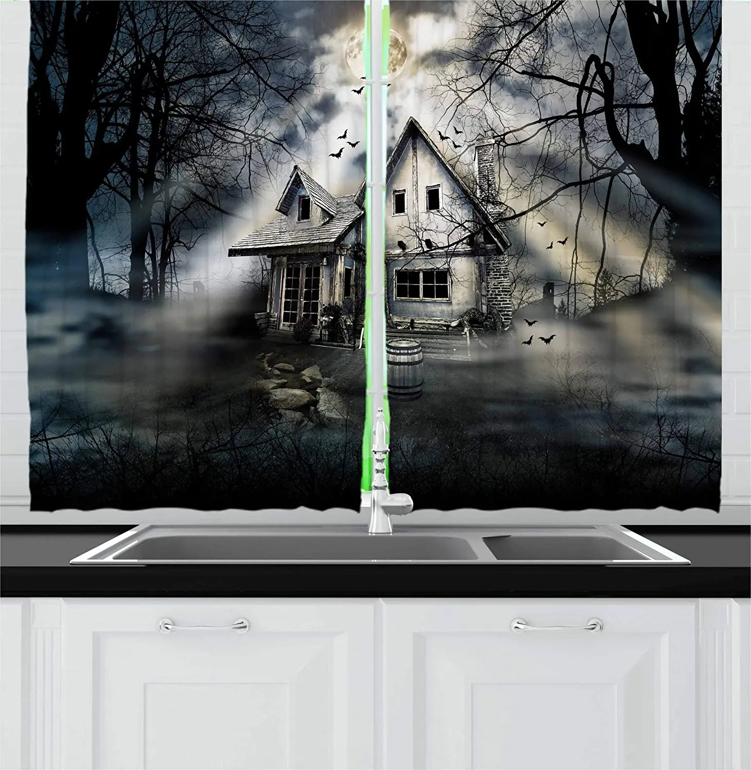 

Halloween Window Curtains Haunted House with Dark Horror Living Room Decor Curtains Bedroom Window Drapes Curtains for Kitchen