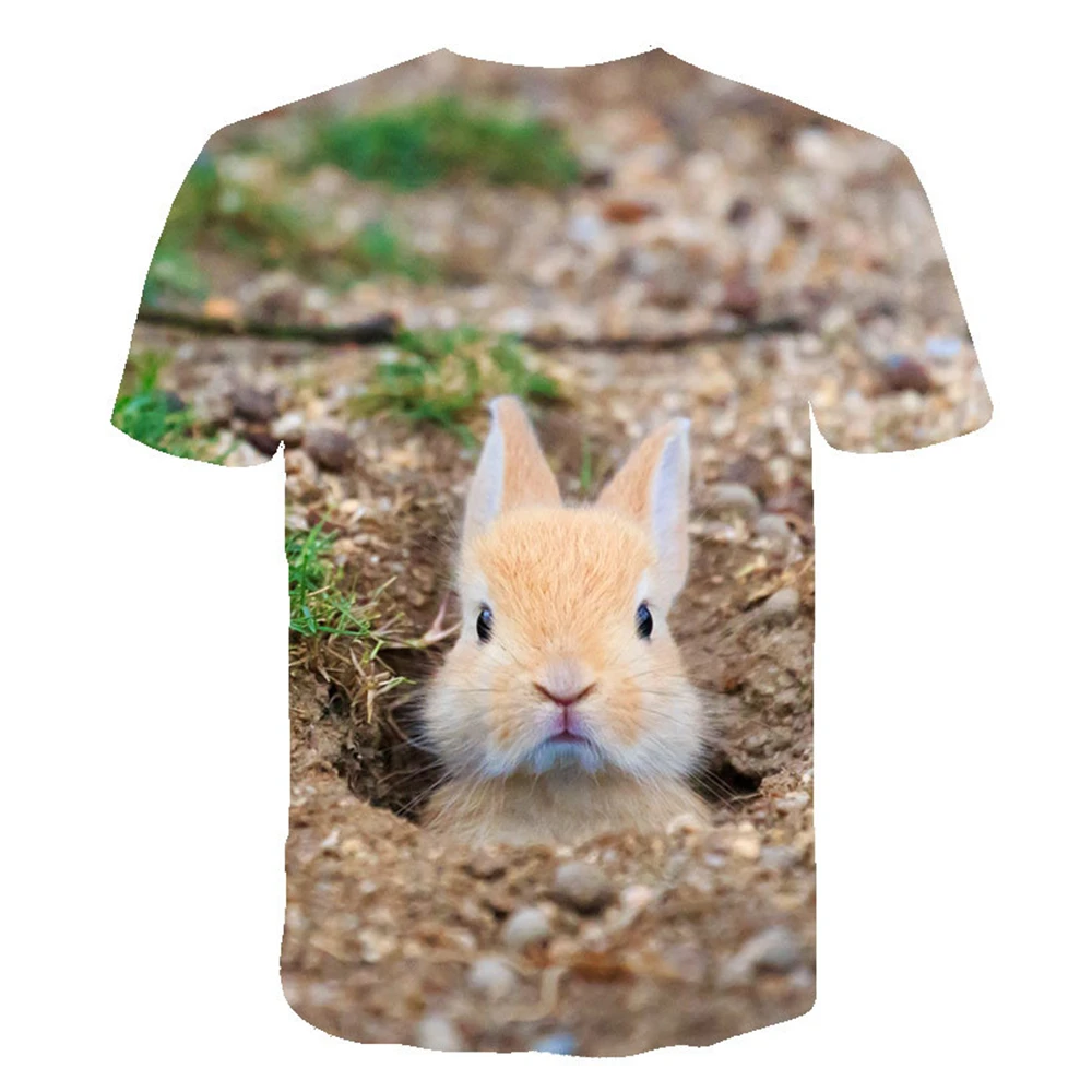 3D Animal Rabbit Men\'s T-shirt in Summer Fun and Cute Couple Family Round Neck Essential Shirt