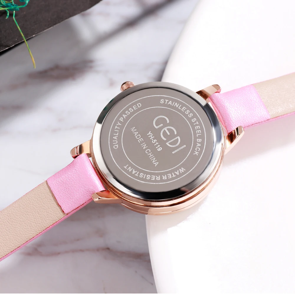 GEDI marca relojes de Mujer de cuero Reloj de cuarzo Reloj de pulsera casuales correa de Reloj de Mujer de moda flor Dial