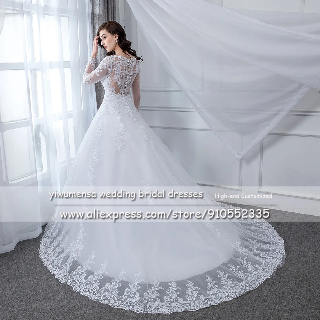 White Lace Appliques Wedding Dresses Long SLeeves Illusion A Line Bridal Gowns Customzied Bride Formal Party Marriage Clothing