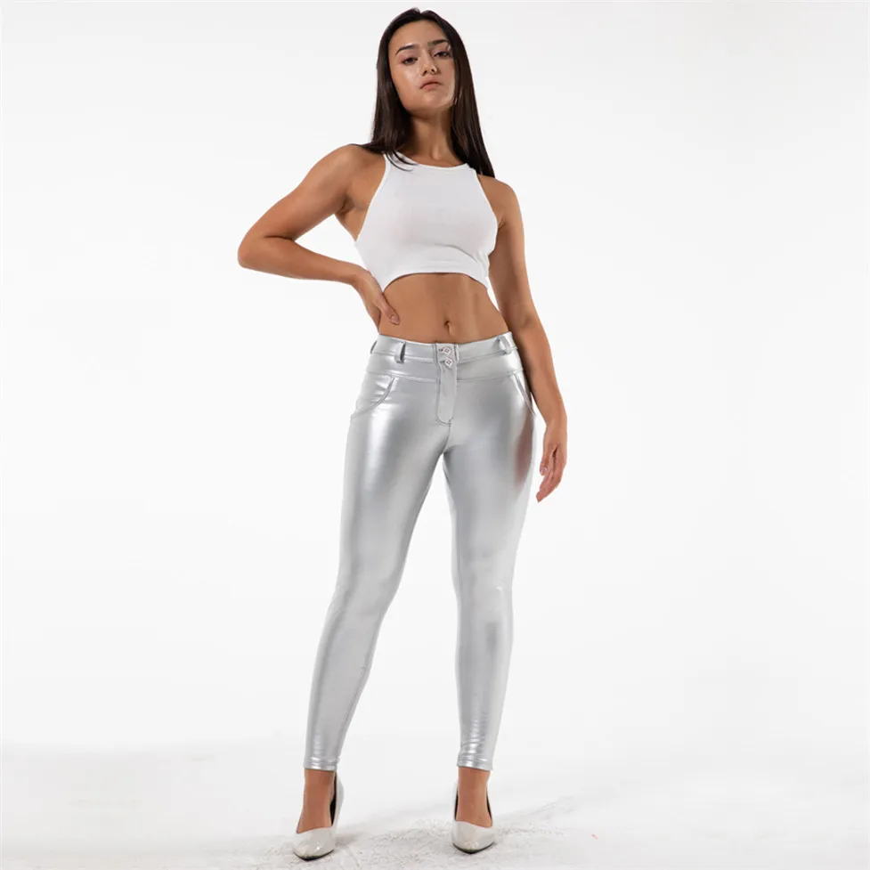 Shascullfites Butt Lift Pants Skinny Leather Shiny Silver Coated Metallic High Stretchy Fitness Slim Pants Nightclub Stage