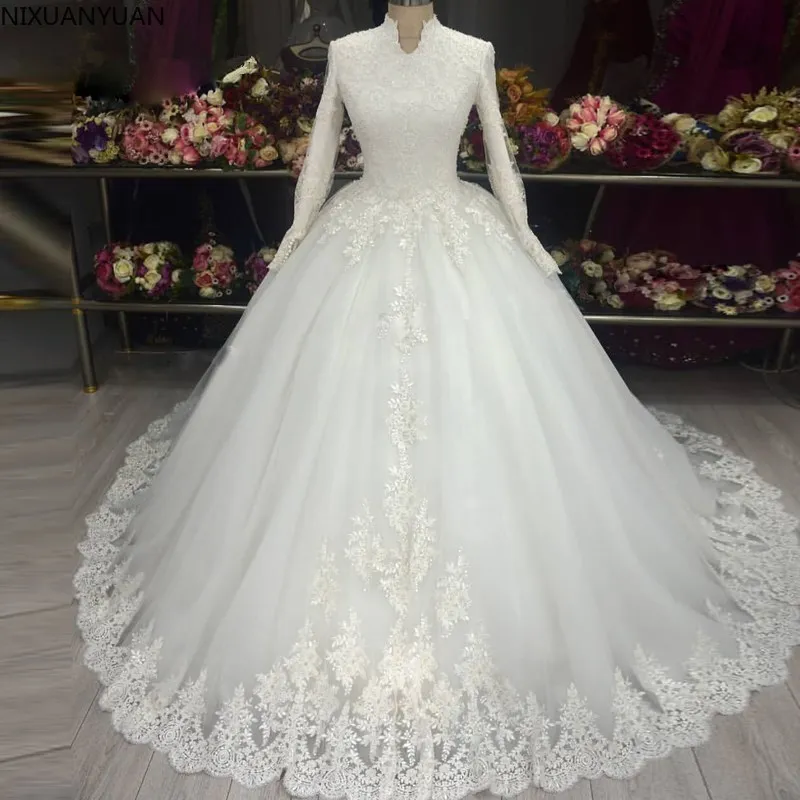 2023 Vestido De Noiva Plus ขนาดคอลูกไม้ Applique ชุดราตรีงานแต่งชุดแขนยาว Gaun Pengantin Muslimah