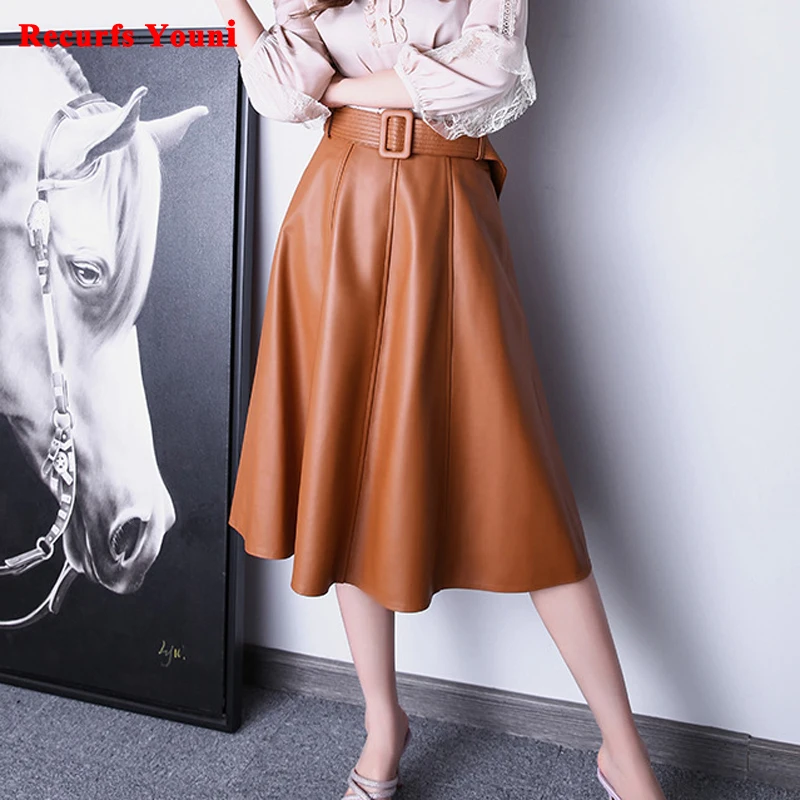 

Vetement Femme Harajuku Skirts 2024 Women Genuine Leather High Waist Large Swing Belt Umbrella Faldas Mujer Flare Mid Long Jupe