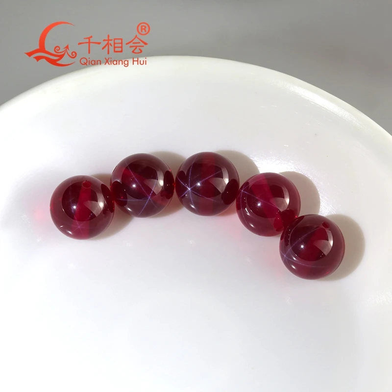 Transparent artificial star sapphire ruby red color sphere shape ball shape stone corundum with full hole loose gemstone