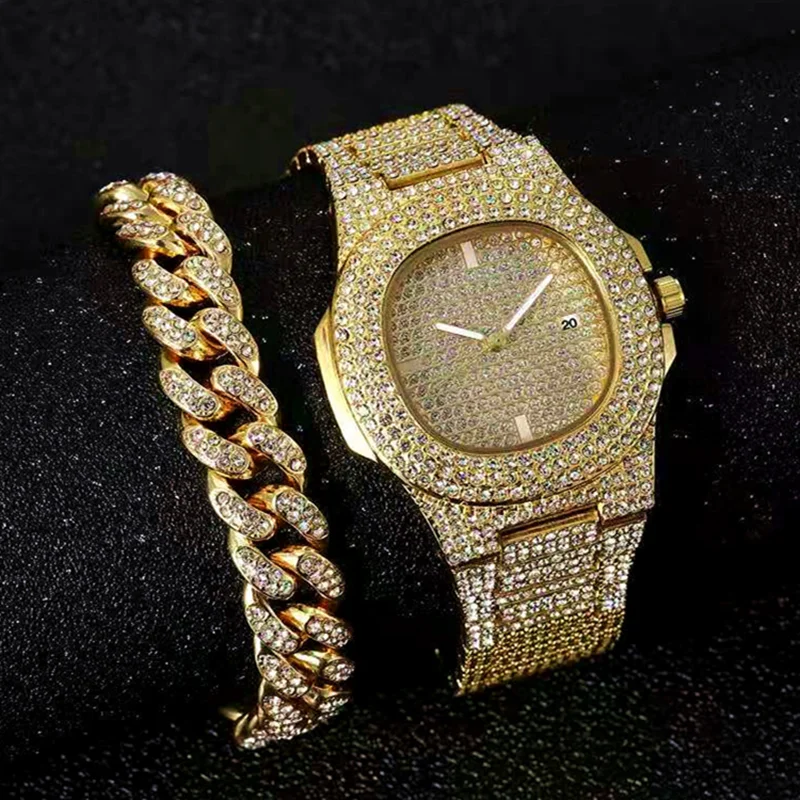 Iced Out Cuban Chain Bracelet Watch for Men Iced Out Watch Jewelry Set for Men Hip Hop Gold Diamond Mens Watch Womans Watch